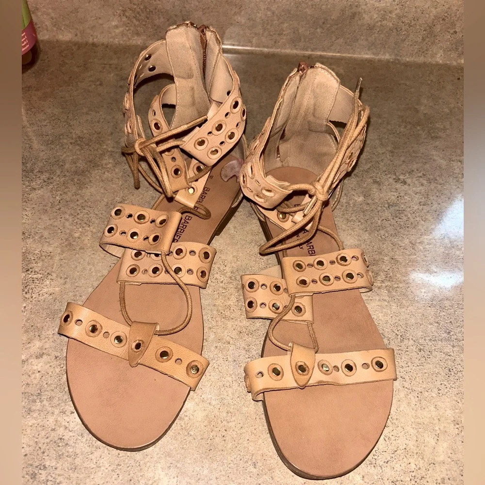 Barbara Barbieri Tan Gladiator Sandals - studded lace up flats
